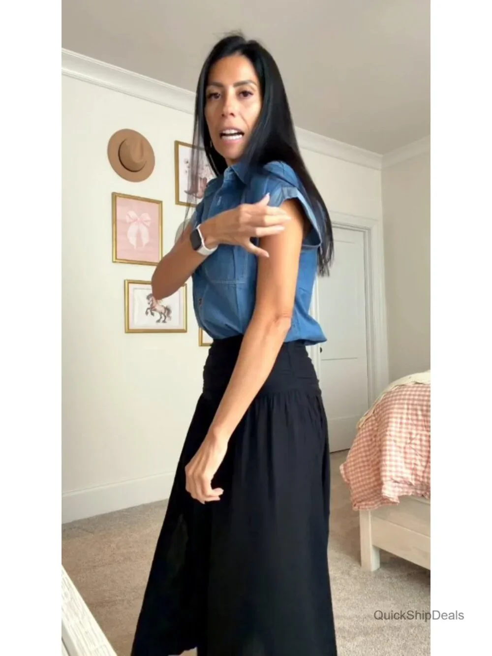 Denim Button Down Shirt Cap Sleeve Casual Western Blouse Top